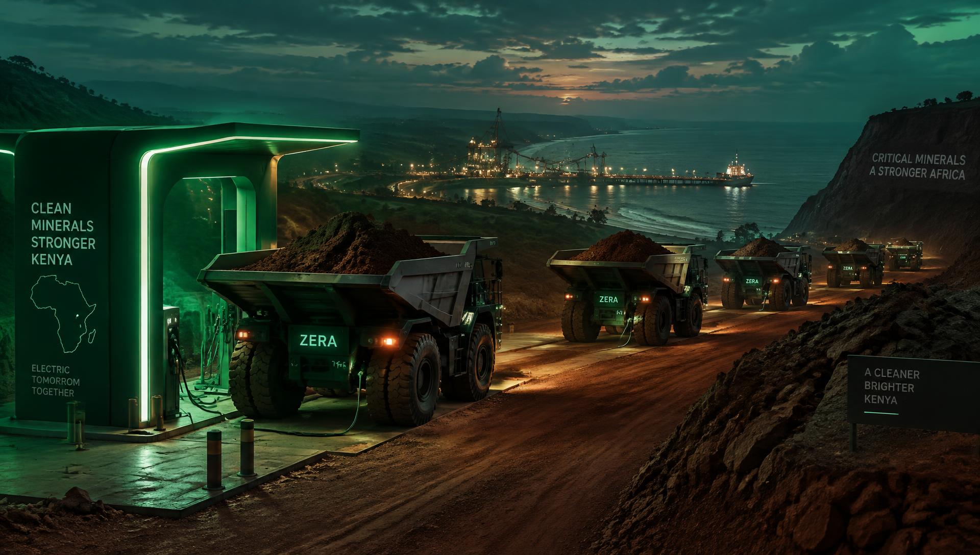 Electric mining trucks charging at dusk on the Kwale–Mombasa corridor